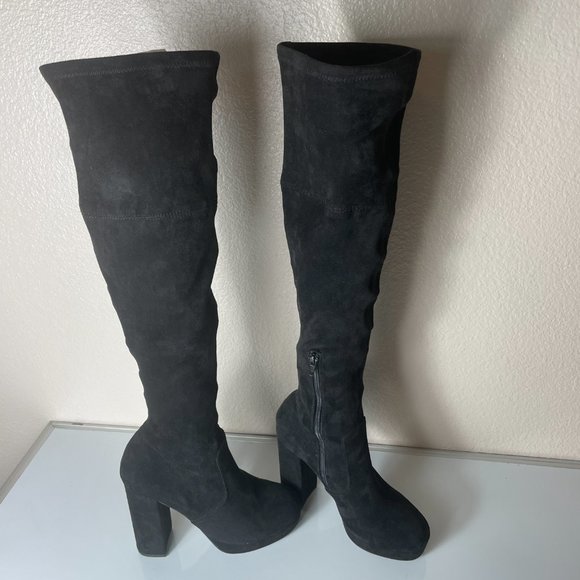 Forever 21 Shoes - FOREVER 21 Knee High Block Boots Size 7 Black Faux Suede Heel 4.5" Shaft 15"